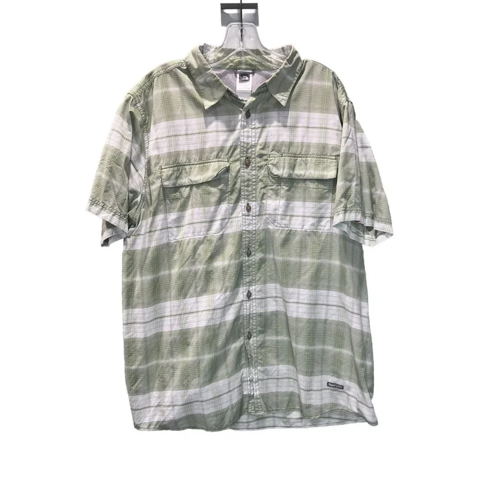 The North Face Men's L Short Sleeve Shirt Green White Plaid Vented Hiking Nylon